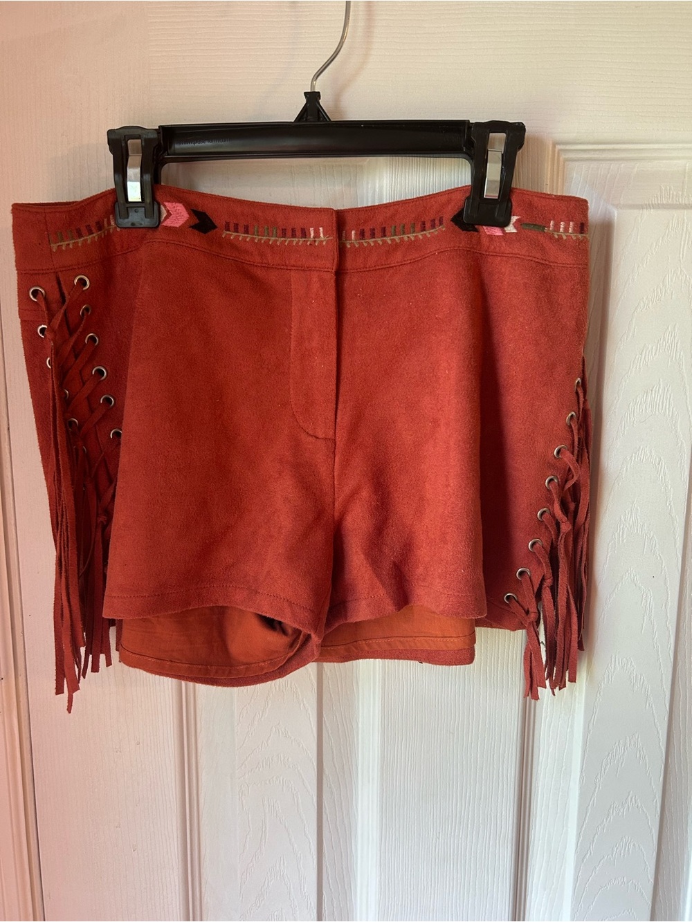 Dance & Marvel Rust Faux Suede Fringe Lace-Up Women’s Shorts